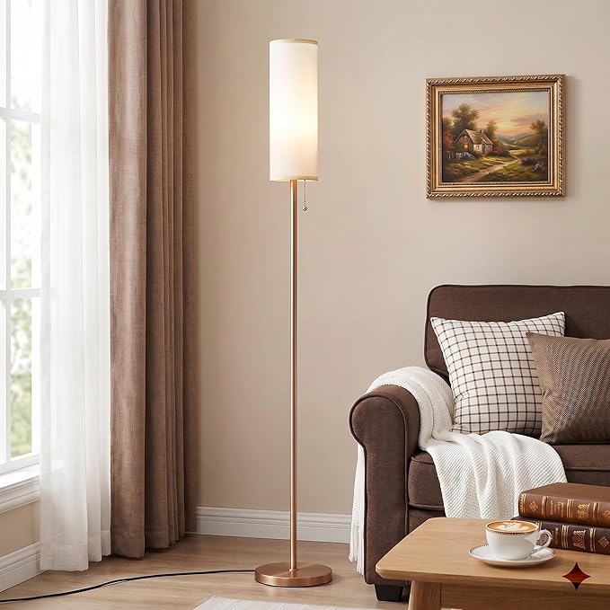 Ambimall 64" Floor Lamp with Bulb & Lampshade & Chain Switch, White & Brown