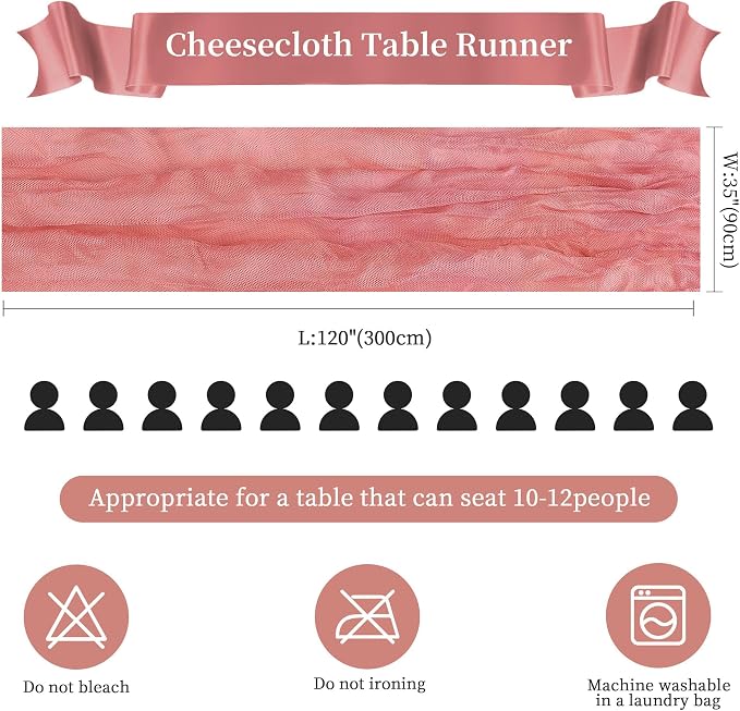 12 Pack Rose Cheesecloth Table Runner 35×120Inch Fall Boho Gauze Home Decor | Rustic cheese cloths Sheer Gauze for Wedding Bridal Baby Shower Birthday Party Table Decor Halloween Thanksgiving Christmas
