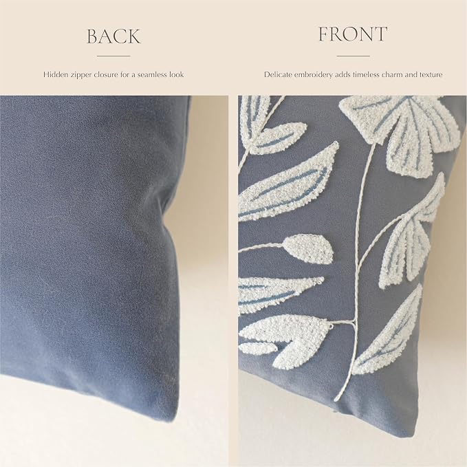 BlissBlush Decorative Throw Pillow Cover 20x20, Coastal Dusty Blue Velvet Accent Cushion Cover for Couch Sofa Living Room, Floral Tufted Square Pillowcase (Cover Only)