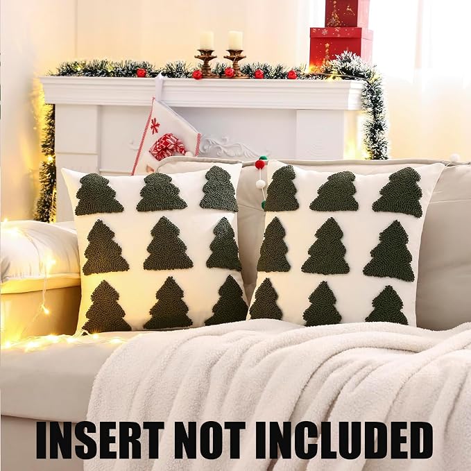 Christmas Throw Pillow Covers 18x18 Set of 2 Dark Green Xmas Tree