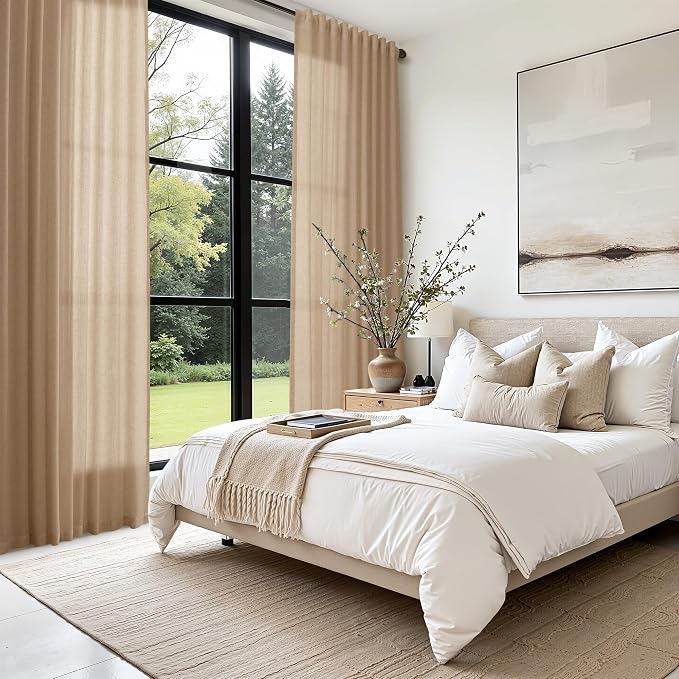 Linen Curtains 96 Inches Long for Living Room Back Tab Semi Sheer Floor to Ceiling 8ft Light Filtering Curtain Boho Farmhouse Decor Window Drapes for Bedroom 52x96 2 Panels Sand Beige