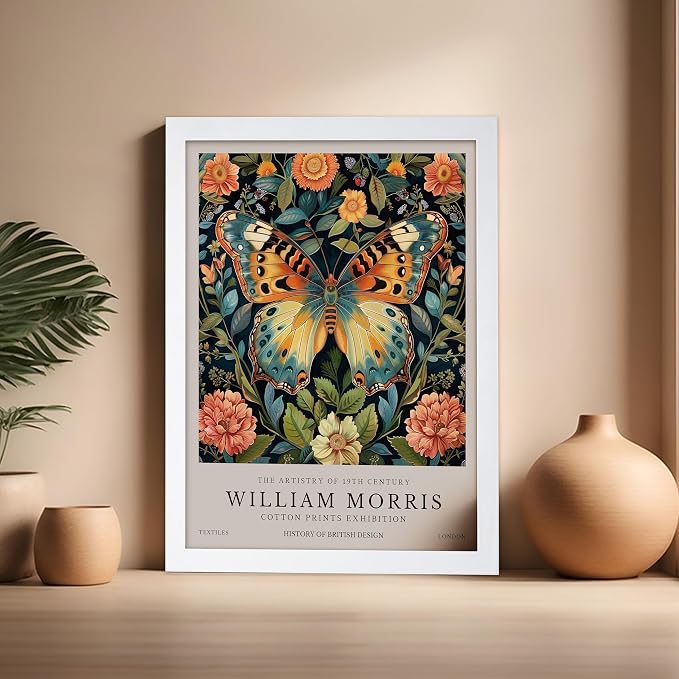 Poster Master William Morris Poster - Butterfly Print - Botanical Art - Flower Art - Exhibition Artwork - Animal Creation - Floral Piece - Aesthetic Illustration - Office or Living Room Decor - 16x20 White Framed