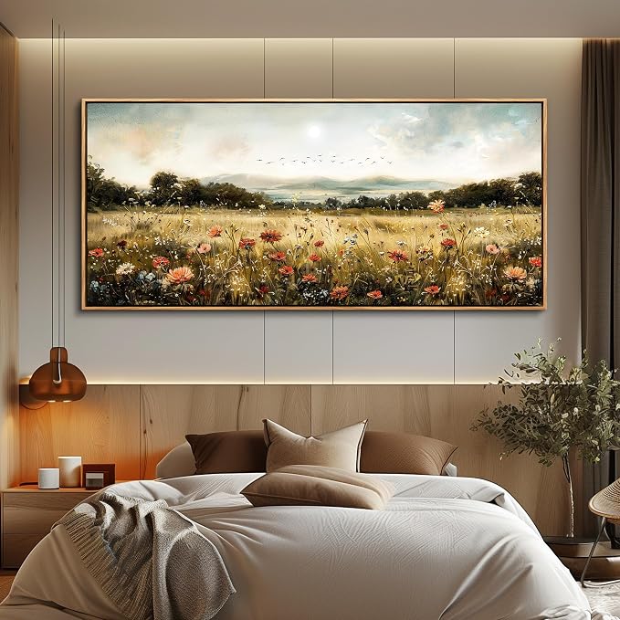 KELIYUAN Large Canvas Wall Art For Kitchen Dining Room Vintage Decor, Lawn Paintings With Flowers Wall Decorations Prints Home Office Living Room Bedroom Restaurant Home Decor 32"X72" Wooden Frame