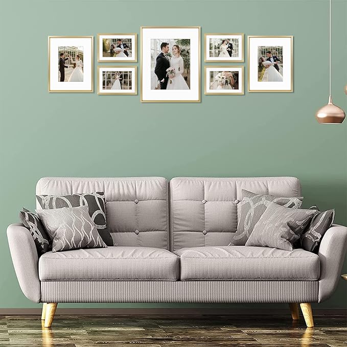 Golden State Art 7 Pack Aluminum Frames, Includes 5x7 8x10 11x11, Gold | Shatter-resistant Glass, Assorted Sizes: One 11x14, Two 8x10, Four 5x7, Horizontal/Vertical Wall Mount & Tabletop Display