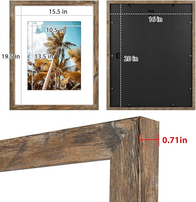 Frametory 16x20 Rustic Brown Picture Frame with Real Glass Mat for 11x14