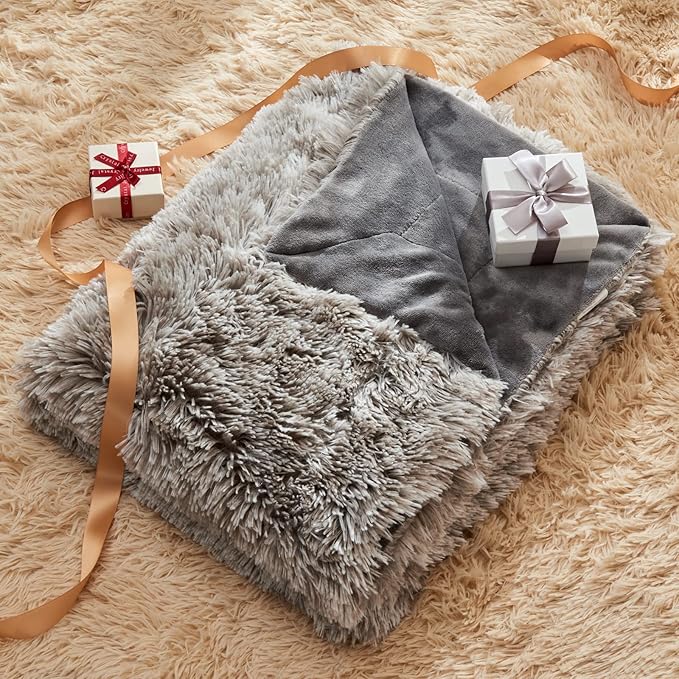 GONAAP Fuzzy Faux Fur Twin Blanket for Couch, Frosty Grey, 60"x80" | Warm Cozy Plush Shaggy Decorative Reversible Thick Non-Heated Fleece Blanket for Sofa Bed, Gift for Women Men, All Season Use