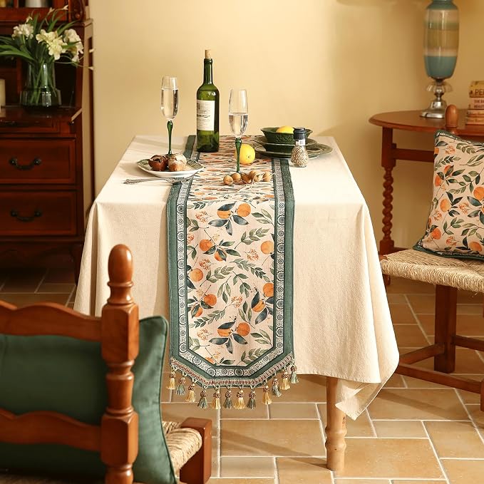 Patdrea Designer Vintage French Linen Table Runner,12"X118"-Palladin A | Tablerunner 118 Inches Long,Orange Floral Pattern,Thanksgiving Dining Table Decor for Living Room Banquet,Tassel Edge