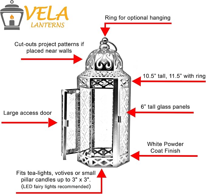 VELA LANTERNS 10.5" White Moroccan Lamp Lantern Decorative Candle Holder for Ramadan Decorations, Indoor Home Decor, Outdoor Patio or Porch, Weddings, Green Glass, Medium