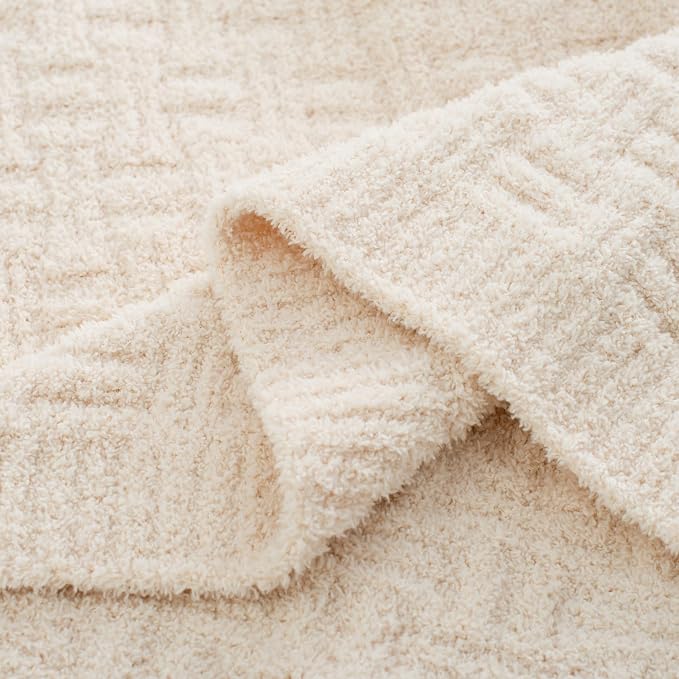 White Ultra Soft Knit Throw Blanket for Couch,50"X60" Microfiber Fluffy Cozy Warm Knitted Blankets with Checked Pattern for Sofa Bed
