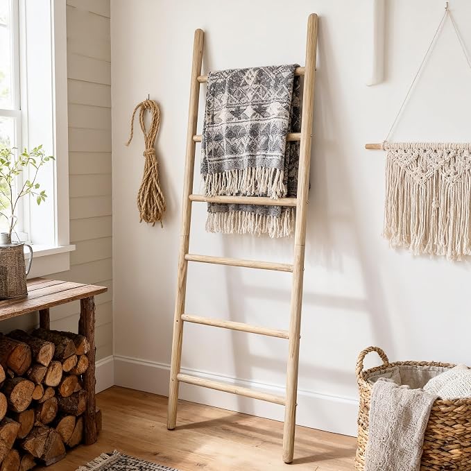Wooden Blanket Ladder -77x24in Natural & Motley Wood - Leaning Wall Decor for Bedroom, Bathroom, Living Room - Rustic Quilt Holder & Towel Rack (77x24in | Knock Down,Light Wood Color)