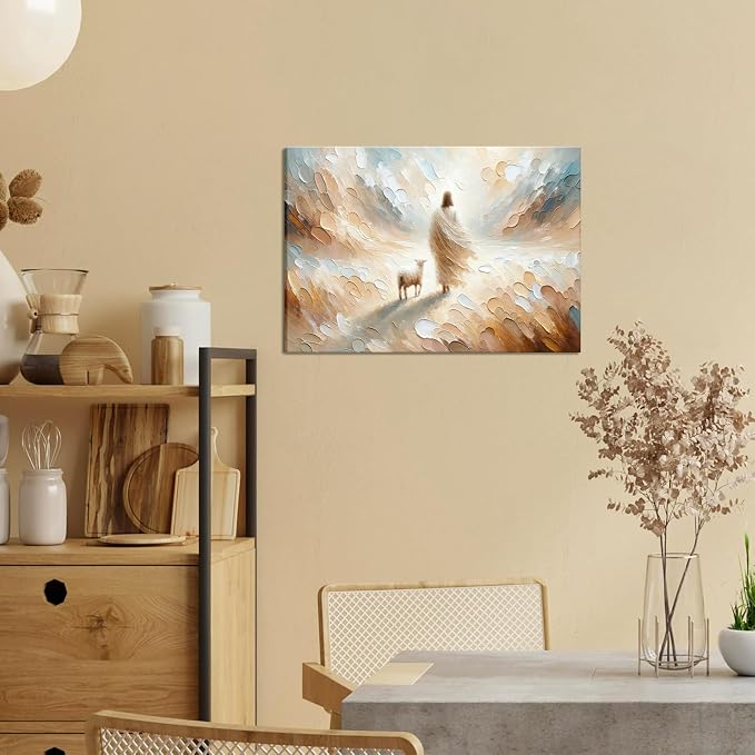 Jesus Leaves the 99 Sheep Canvas Wall Art, Christian Jesus Lamb Wall Decor Painting, The Lost Sheep Bible of Parable Posters Prints for Living & Prayer Room Church Home Decor 24x36 In Framed