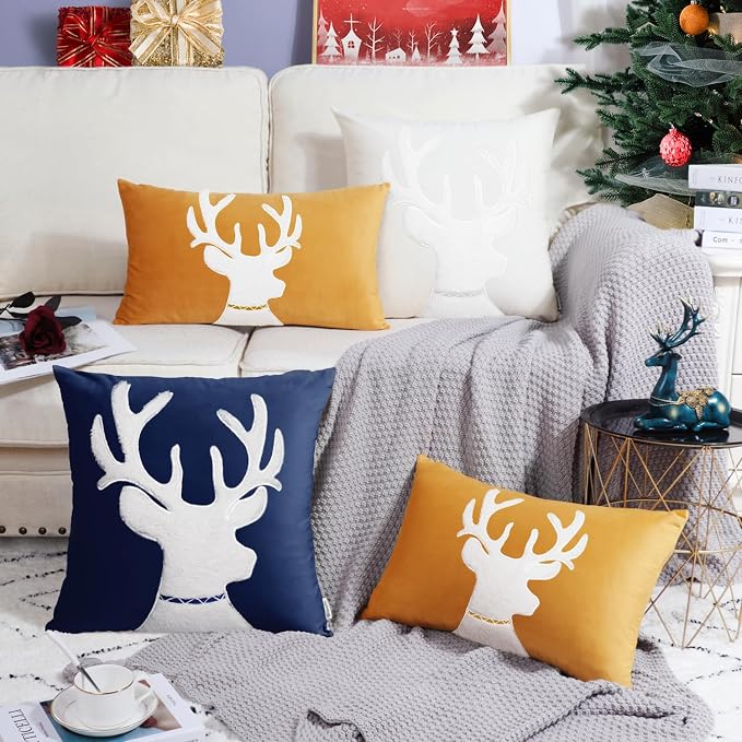 BRAWARM Christmas Pillow Cover 12 X 20 Inches, Gold Reindeer Embroidered Lumbar Pillow Cover, Soft Velvet Decorative Throw Pillow for Couch Bed Sofa Living Room Home