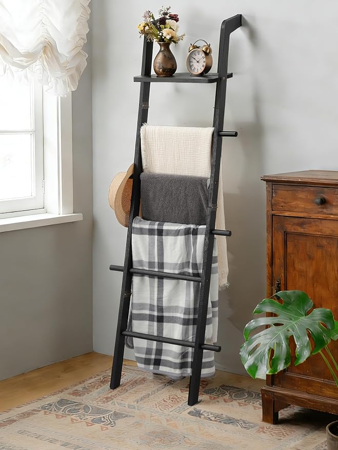 Taozun Black Blanket Ladder with Shelf for Living Room, 67-Inch Wooden 5-Tier Farmhouse Towels and Quilt Rack Decor - Wall Leaning Display Holder for Blankets and Throws