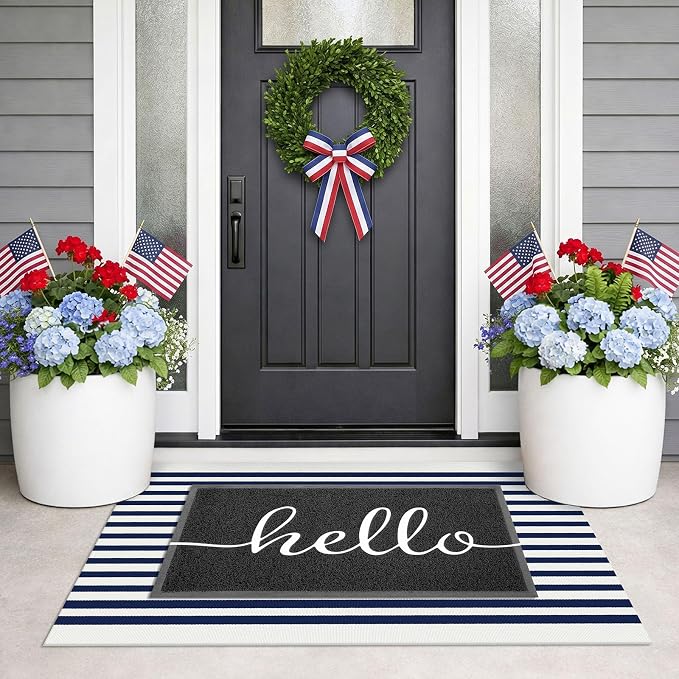 KILOCOCO Blue and White Striped Rug 2.3'x3.6' Washable Front Door Mat | Indoor Outdoor Rugs, Cotton Striped Layered Doormats, Low Pile Front Porch Rug, Woven Mat for Independence Day Decor