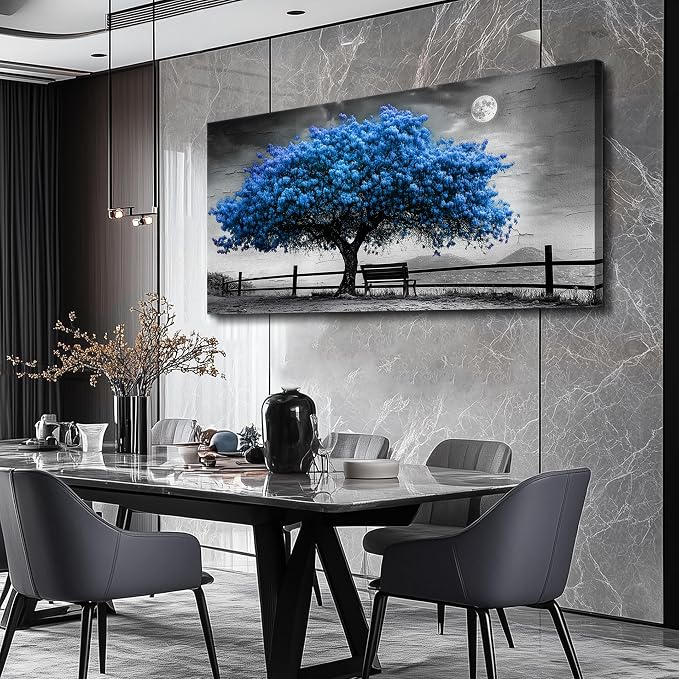 FUHAIHUA Canvas Wall Art For Living Room Wall Decor For Bedroom Office Wall Decoration Black And White Landscape Painting Blue Tree Pictures Artwork Room Aesthetic Home Decor 20x40 In