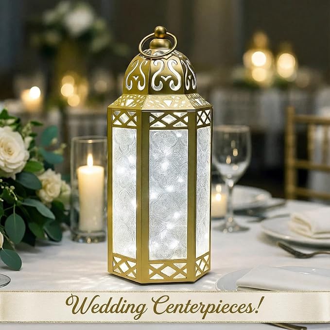 Vela Lanterns Decorative Indoor Fairy Light Ramadan Candle Holder, Gold, M | Eid Mubarak & Wedding Decorations, Turkish Moroccan Metal Hanging Lamp, Table Centerpieces, Outdoor Porch, 10.5" Tall