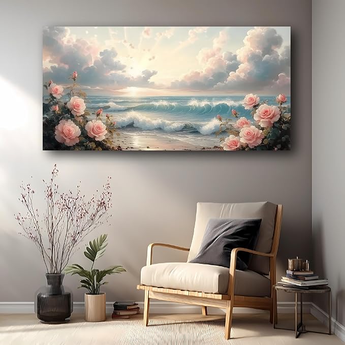 Haichuang Decor Art 40x20 Inch Pink Rose Ocean Canvas Wall Art, Sunset Beach Flower Seascape Print, Framed Ready to Hang for Living Room Bedroom Bathroom, Coastal Floral Wall Decor