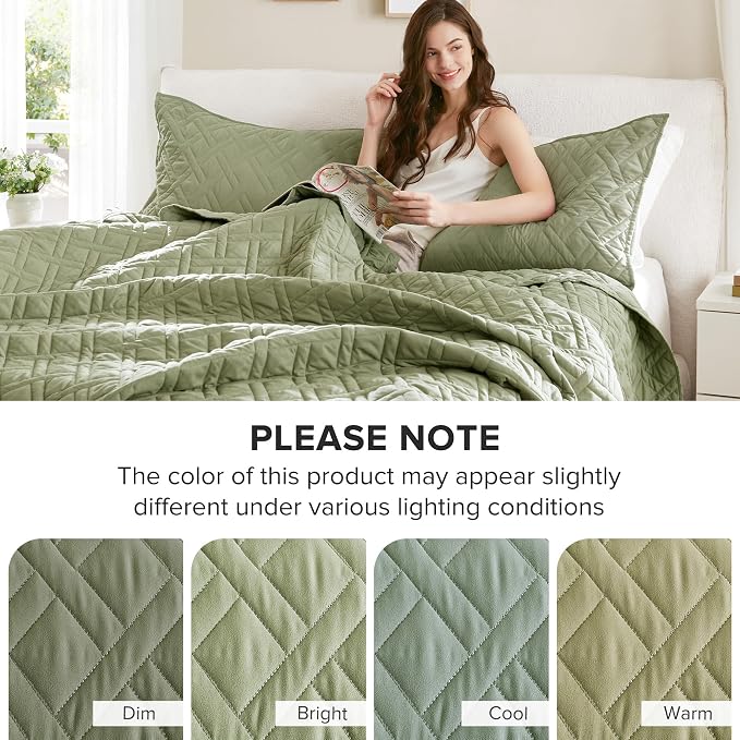 Comfort Spaces Kienna Bed Quilts King Size 3P, 104"x90" Olive Green Diamond | Soft Cozy Lightweight Summer Coverlet Cal King, Quilted Bedspreads Extra Layer, Modern Casual Bedroom Decor, OEKO-TEX