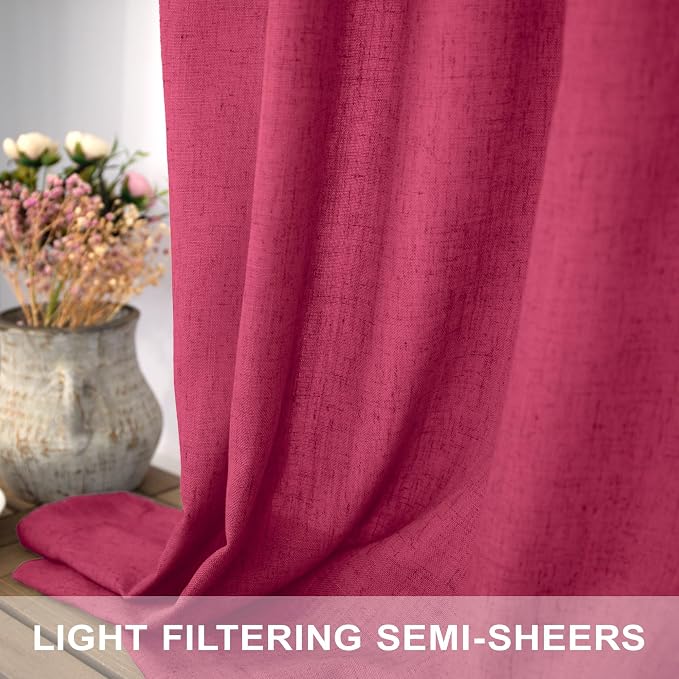 Pitalk Hot Pink Curtains 63 Inch Length for Girls Bedroom 2 Panel Rod Pocket Back Tab Raspberry Fuchsia Curtain for Living Room Dining Room Semi-Sheer Linen Closet Curtain for Closet Door 52x63 Long