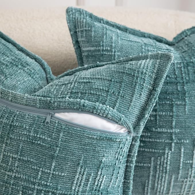 MADIZZ Pack of 2 Chenille Throw Pillow Covers 18x18 Inch Teal Soft Neutral Decorative Throw Pillows for Couch Sofa Boho Accent Cushion Covers Modern Farmhouse Home Decor for Bedroom Living Room