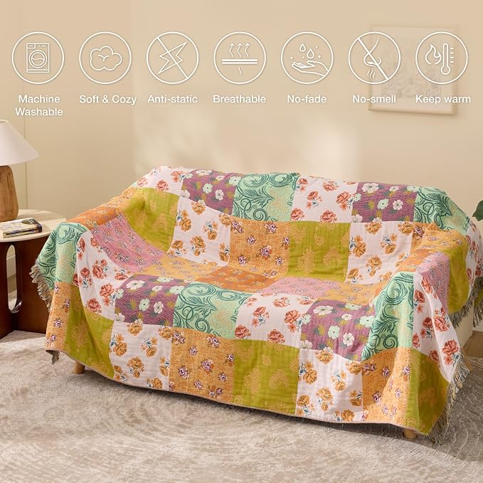 RILIHO 100% Cotton Boho Throw Blanket for Home Decor – Classic Farmhouse Quilt Bedding, Muslin Blankets for Adults, Vintage Woven Decorative Blanket for Couch, Bed Layering Use, Patchwork, 60"x80"