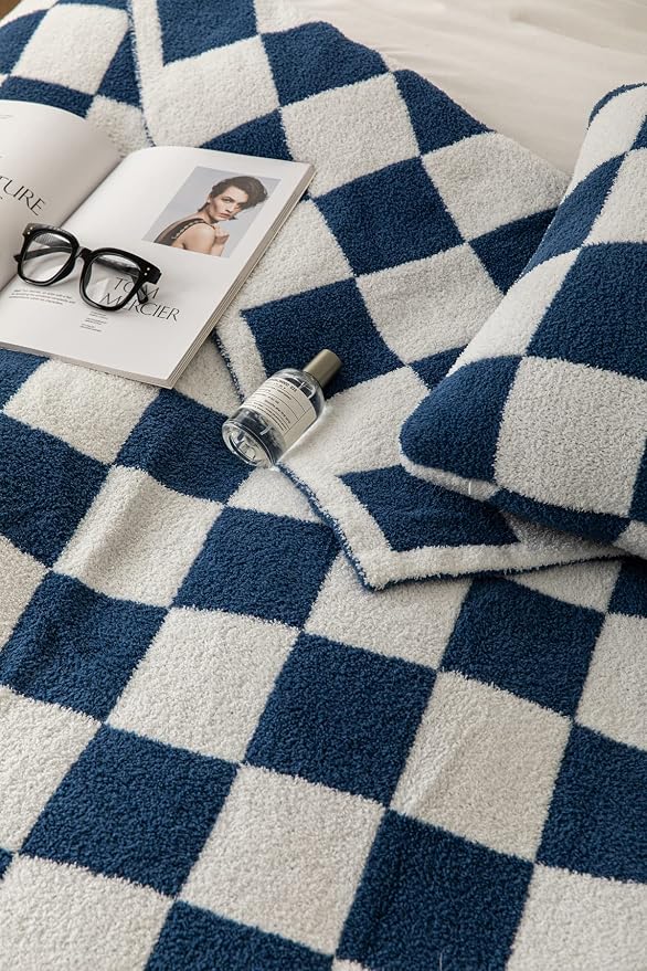 Ultra Soft Cozy Buffalo Checkerboard Grid Fluffy Microfiber Knitted Queen Blanket Super Soft Cozy Lightweight Fleece Checkered Bed Blanket for Sofa Couch Bed Travel (Navy, Queen：90"X90")