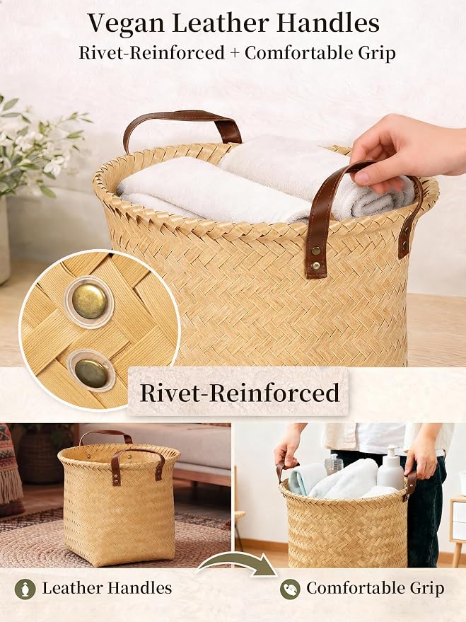 Wicker Storage Baskets, 4 Pack Woven Baskets for Shelves, Yellow | PP Rattan, Water-resistant Wicker Basket, Large Baskets with Faux Leather Handles for Blanket, Laundry Organizer, Room Decor