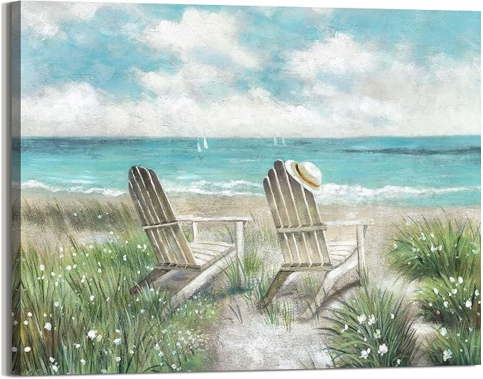 arttitue Beach Wall Art Canvas Picture: Coastal Chair Seascape Painting Decor Ocean Sea Scene Print Landscape Seaside Artwork for Living Room Bedroom Office 36 x 24 Inch