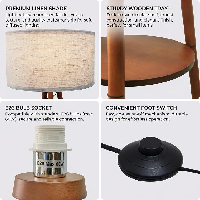 Wood Tripod Floor Lamp: Mid Century Standing Lamp with Shelves