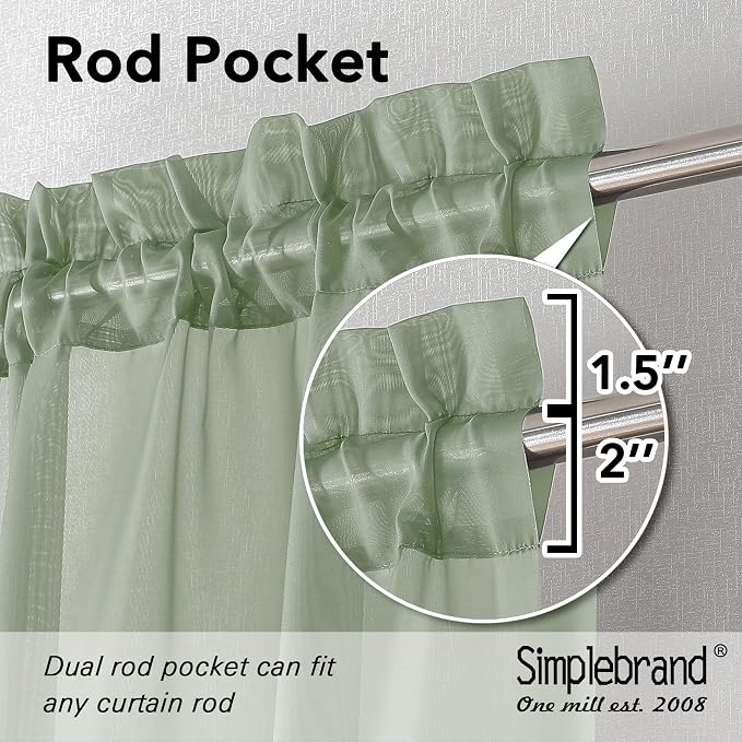 Simplebrand Sage Tier Curtains for Kitchen 24 Inches Long 2 PaSet, Rod Pocket Cafe Curtain Light Filtering Sheer Short Curtains for Bathroom/Basement Half Window 42 x 24 Inch, 2Pcs, Sage