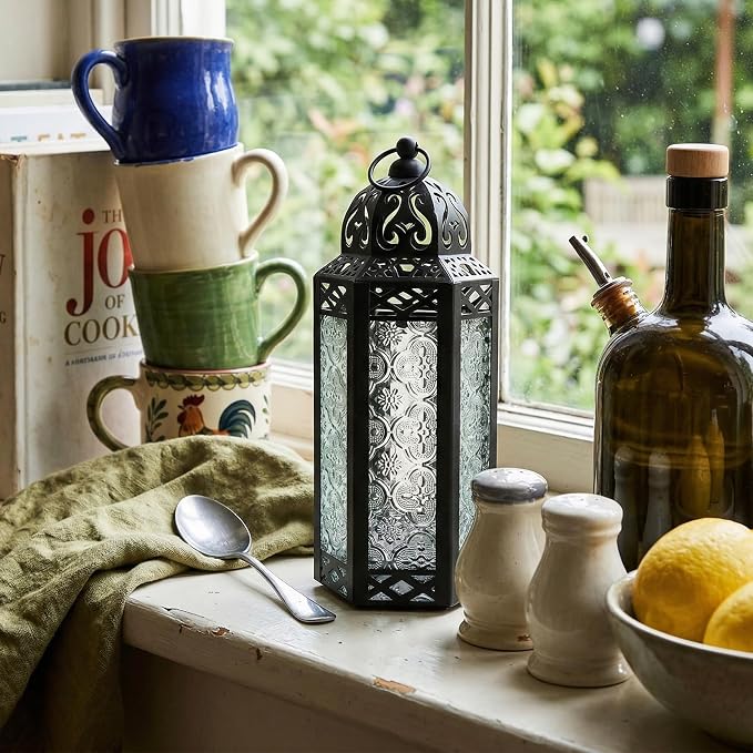 Vela Lanterns Decorative Indoor Moroccan Candle Holder, Clear, M | Ramadan Lantern, Turkish Vintage Lamp, Victorian Hurricane Pillar Holder, Tealight Votive Decor, Hanging, 10.5in Tall