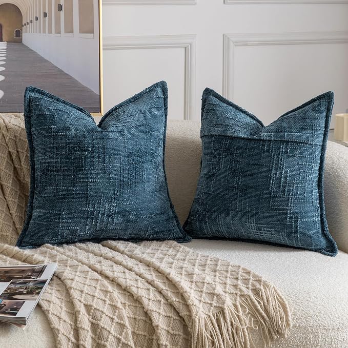 MADIZZ Pack of 2 Chenille Throw Pillow Covers 20x20 Inch Blue Soft Neutral Decorative Throw Pillows for Couch Sofa Boho Accent Cushion Covers Modern Farmhouse Home Decor for Bedroom Living Room