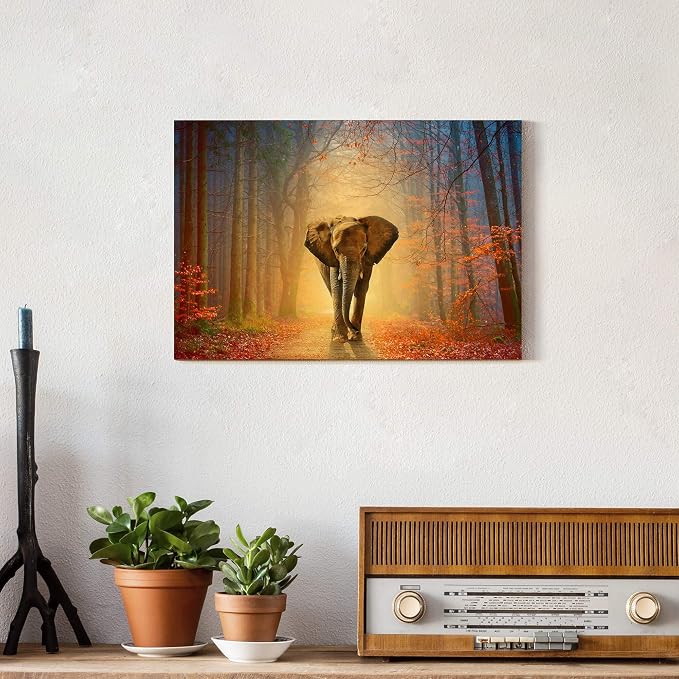 Elephant African Autumn Canvas Painting - Wildlife Animal Wall Art, Natural Artwork Perfect for Bedroom Decor Wall Picture - 16x12 Inches