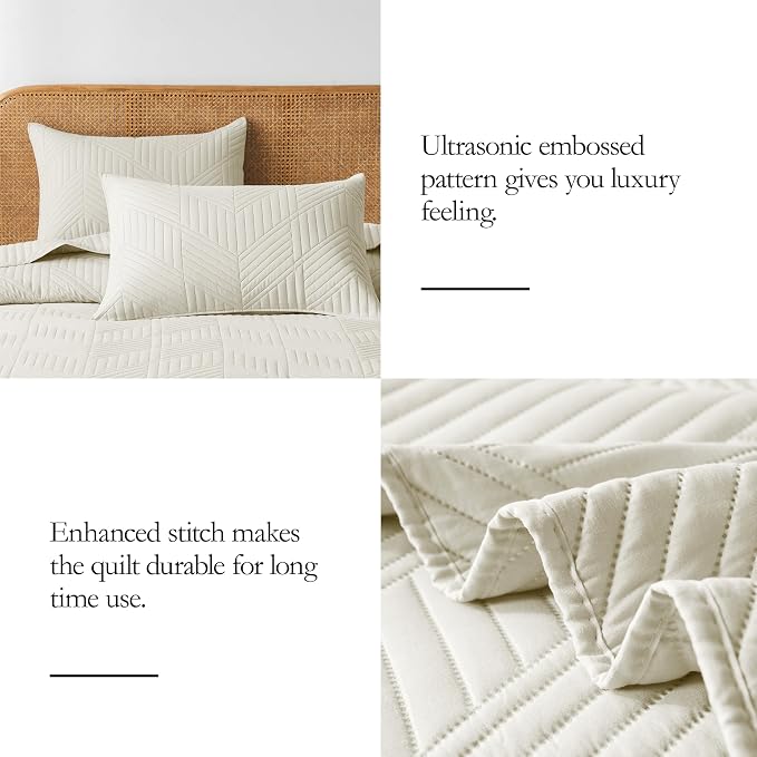 Davulos King/Cal King Quilt Set in Cream, Soft Reversible Microfiber Bedspread for All-Season Use in Bedroom or Dorm, Lightweight Modern Geometric Coverlet (1 Quilt, 2 Pillow Shams)