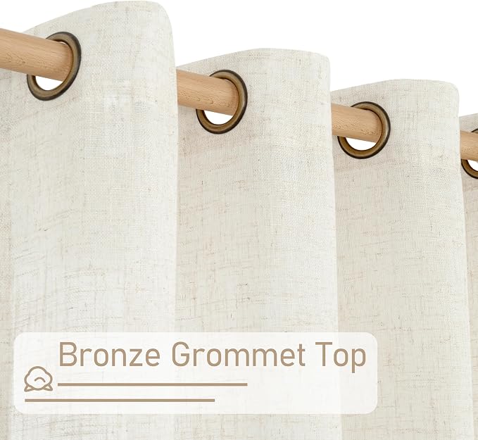 Short Sheer Linen Curtains 30 inches Long for Half Windows 2 Panels | Cream, Light Filtering, Curtains for Bathroom, Kitchen, Cafe, Neutral Boho Drapes, Bronze Grommet, 2 Panels, 34 x 30 Inch