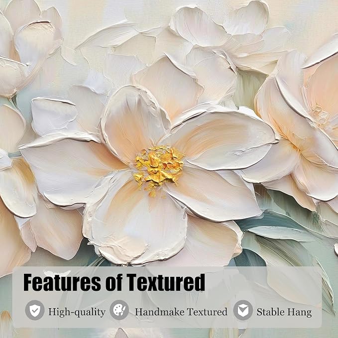 Anolyfi Large White Floral Canvas Wall Art for Living Room Bedroom 48"x24" | HD Print and Hand-painted Textured, Easy to Hang, Durable Colorfast, Modern Flowers Sage Paintings for Hallway Home Decor