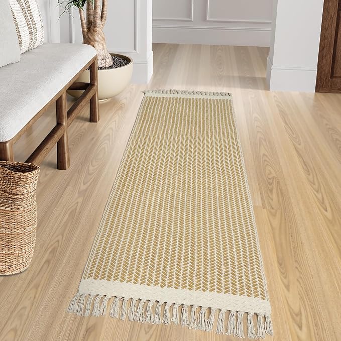 Lahome Boho Bathroom Runner Rug, 2x6 Washable Rugs for Laundry Room | Woven Cotton Throw Carpet with Tassels, Farmhouse Decor Non Shedding Lightweight Low Pile Mats for Hallway Entryway, Khaki