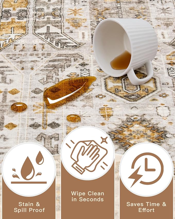 Madane Kitchen Runner Rug 2x7 with Rubber Backing Non Slip, Brown/Gold | Vintage Ultra-Thin Machine Washable Hallway Rugs 7 ft, Soft Low-Pile Throw Carpet Runners for Bedroom Bathroom Laundry Room
