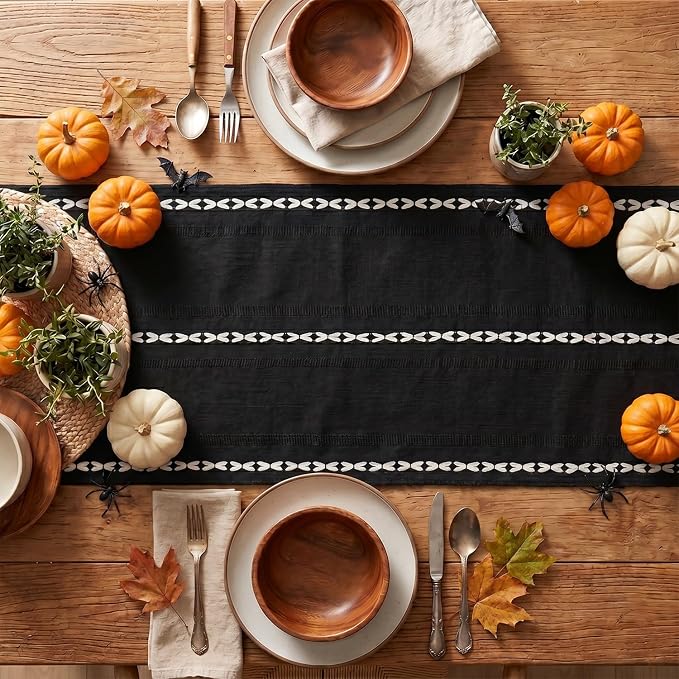 Artoid Mode Black Rustic Cotton Linen Table Runner, Seasonal Halloween Embroidered Hollow Kitchen Dining Table Decoration for Home Party Decor 13x72 Inch