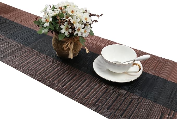 SHACOS Table Runners Woven Vinyl Table Mats 12x71 inch for Kitchen Dining Table Non Slip Washable, Ombre Coffee Black