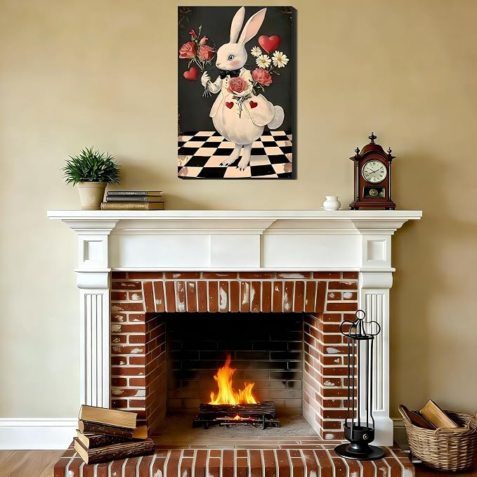 RIBNTAK Miss Rabbit with Rose Large Easter Wall Art 20x30, Sweet Spring Bunny Painting Canvas Prints for Mantle Decor, Bunny Pictures for Living Room, Kitchen, Holiday Home Decoration