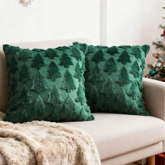 ONFAON Christmas Decorations - Christmas Tree 18x18 Throw Pillow Covers Set of 2,Xmas Decorations Faux Fur Cushion Covers, 3D Embroidered Pillow Cases for Couch Bedroom Living Room Decor, Green