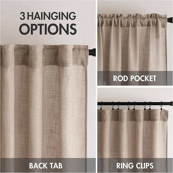 MIULEE Taupe Linen Curtains 37x72 Inch Length 2 Panels for Bedroom | Living Room, Soft Thick Linen Textured Window Drapes, Semi Sheer Light Filtering, Back Tab Rod Pocket, Burlap Look Decor