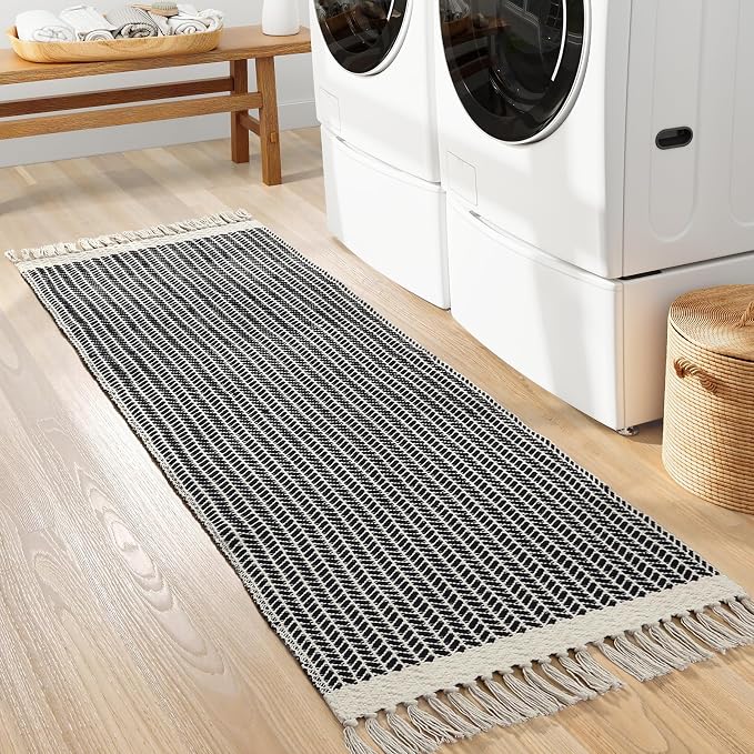 Lahome Boho Bathroom Runner Rug, 2x6 Washable Rugs for Kitchen Hallway | Woven Cotton Laundry Room Throw Carpet with Tassels, Farmhouse Decor Black Non Shedding Lightweight Mat for Entryway Bath