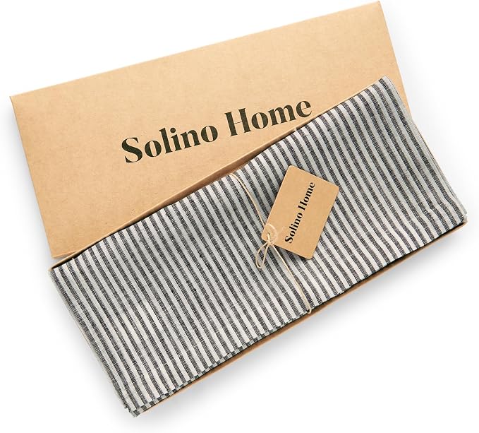 Solino Home 100% Pure Linen Table Runner, 14 x 36 in, Black, Narrow Stripe | styles dining tables for meals and celebrations, woven stripe, European flax fibres, machine washable, OEKO-TEX Certified
