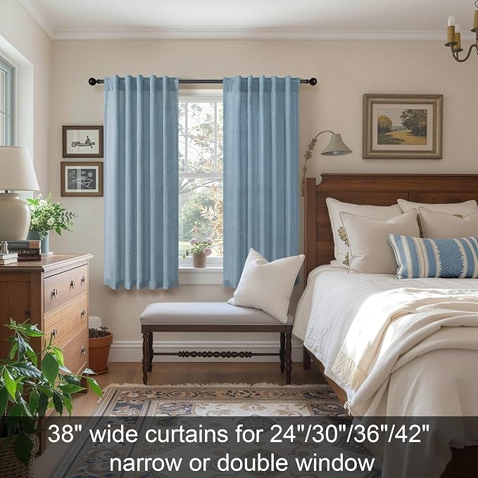 Pitalk Blue Curtains 38 Inch Wide for Small Window 2 Panel Set Back Tab Rod Pocket Linen Blend Semi Sheer Cafe Tier Narrow Curtain for Bathroom Kitchen Door Basement Width 38x45 Inch Length Stone Blue