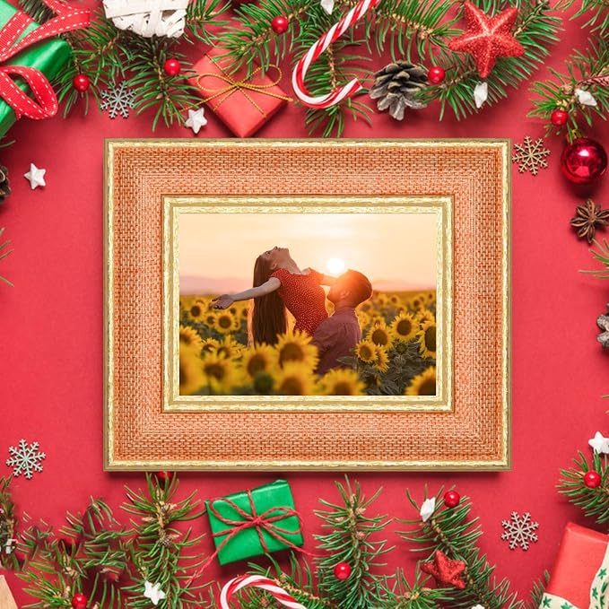 4x6 Picture Frame - Orange Fabric & Vintage Gold Border HD Real Glass with Easel for Tabletop/Wall (Family Photos, Farmhouse Decor 1 Pack)