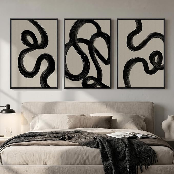 Large Framed Black and White Abstract Wall Art for Living Room, 24x36 In | 3 Piece Neutral Paintings, Canvas Prints, Modern Artwork, Minimalist Pictures, Bedroom Dining Room Hallway Office Wall Decor