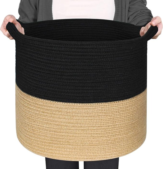 MEGASKET Large Woven Storage Basket, 16" x 14" Cotton and Jute Rope Basket for Blankets, Toys, Pillows, Big Laundry Basket with Handle, Decorative Living Room Storage, Dog Toy Bin, Black and Natural