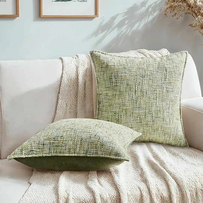HAUSSY Pack of 2 Chenille Tweed Throw Pillow Covers 16x16 Inch, Light Green